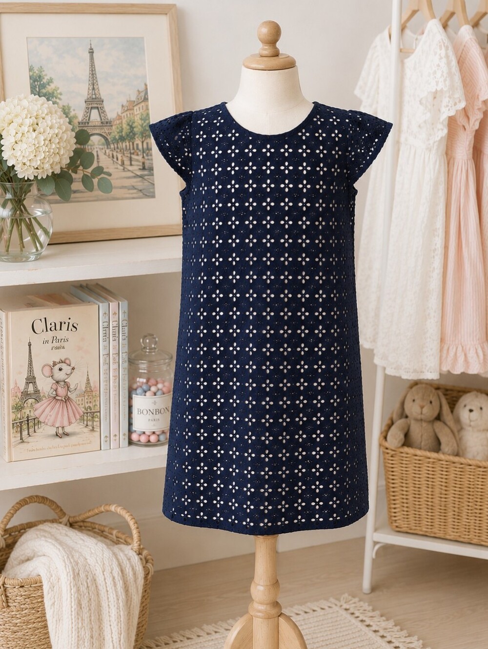 JIGSAW Navy Eyelet Shift Dress Size: 12 Years